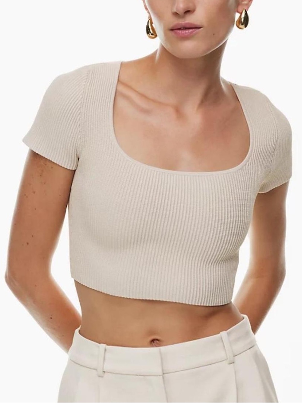 Aritzia Babaton Cream Ribbed Scoop Neck Crop Top